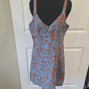 Madewell Blue and Brown Sweetheart LINEN‎ Sundress-10. wd82